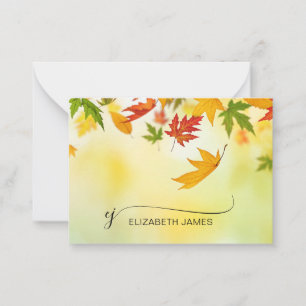 Elegant Falling Autumn Leaves Script Monogram Card