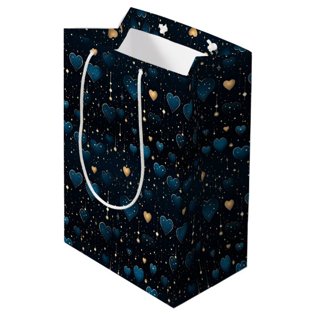 Elegant Falling Cosmic Hearts in Blue and Gold Medium Gift Bag (Back Angled)