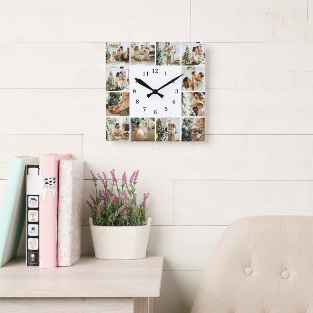 Elegant Family 12 Photo Collage White Keepsake Square Wall Clock (Reading Room)
