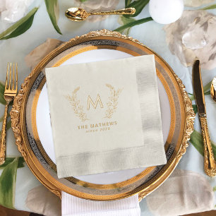 Elegant family botanical monogram and name gold foil napkins