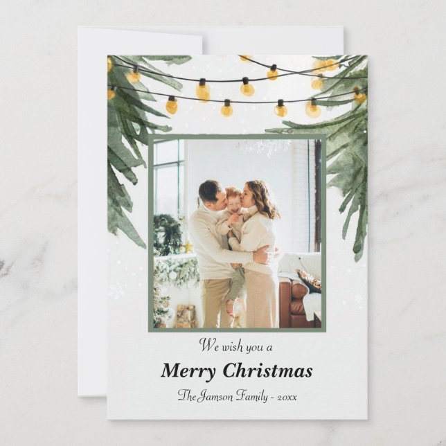 elegant Family Christmas Card with Watercolor Pine (Front)
