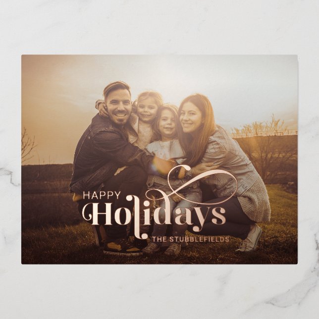 Elegant Family Christmas Photo Rose Gold Foil Holiday Postcard (Front)