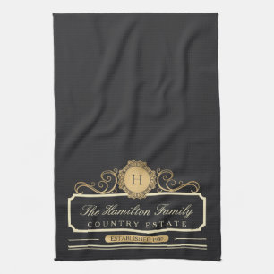 Elegant Family Home Monogram Gold Charcoal Kitchen Tea Towel