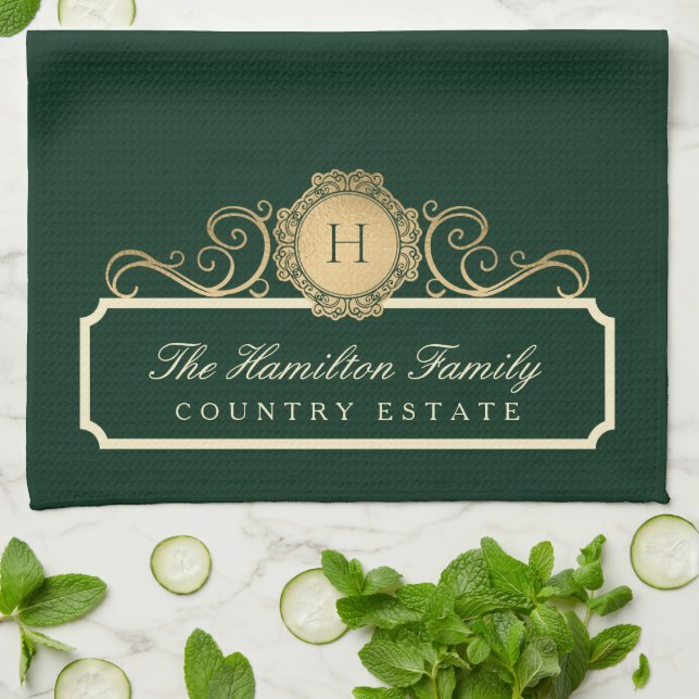 Elegant Family Home Monogram Green Kitchen Tea Towel (Folded)
