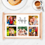 Elegant Family Monogram Custom Photo Collage Serving Tray<br><div class="desc">Personalise this elegant custom serving tray with a collage of five (5) of your favourite family photos. Square shaped photo template is perfect for Instagram photos that are cropped to a square shape. The custom monogram in the centre can be personalised with your family's last name initial letter in grey...</div>