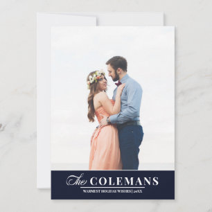 Elegant family name Blue Holiday vertical photo Card