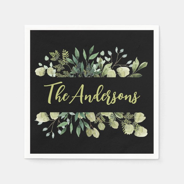 Elegant family name botanical leaves bunch black napkin (Front)
