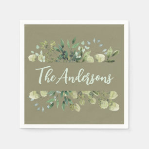 Elegant family name botanical leaves olive green  napkin