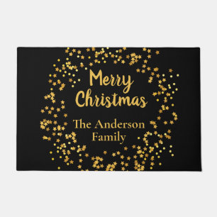 Elegant Family Name Merry Christmas Gold Stars Doormat