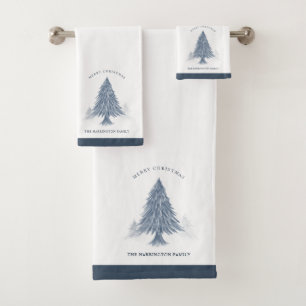 Elegant Family Name Merry Christmas Tree Blue Bath Towel Set