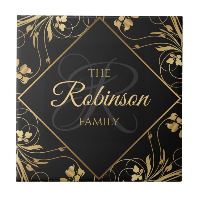 Elegant Family Name Monogram Black and Gold Floral Ceramic Tile (Front)