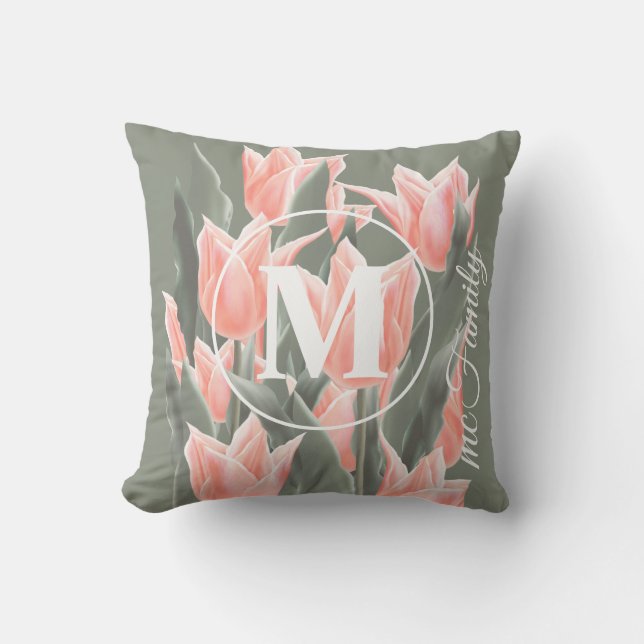 Elegant Family Name Monogram Peach Tulips Painting Cushion (Front)