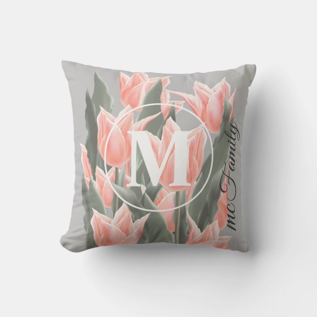 Elegant Family Name Monogram Peach Tulips Painting Cushion (Front)