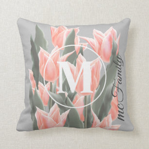 Elegant Family Name Monogram Peach Tulips Painting Cushion
