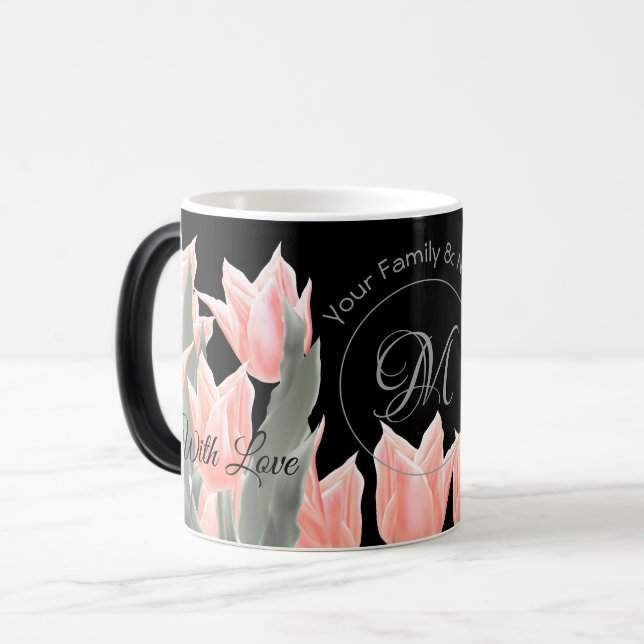 Elegant Family Name Monogram Peach Tulips Painting Magic Mug (Front Left)