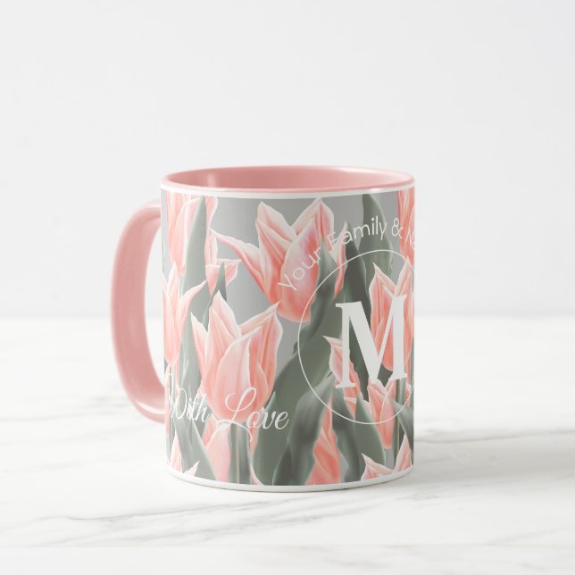 Elegant Family Name Monogram Peach Tulips Painting Mug (Front Left)