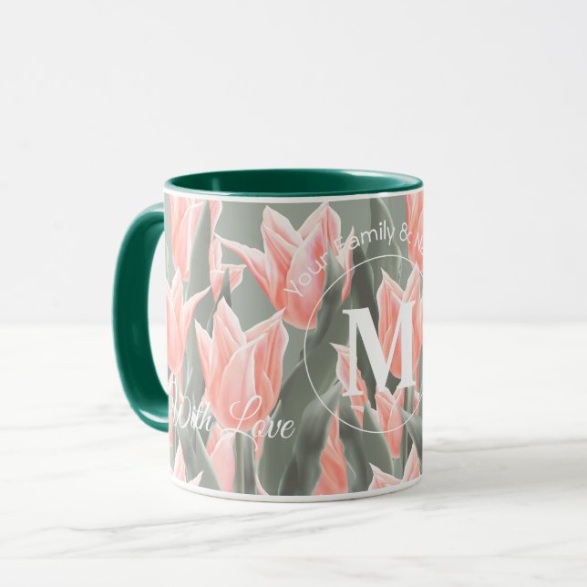 Elegant Family Name Monogram Peach Tulips Painting Mug (Front Left)