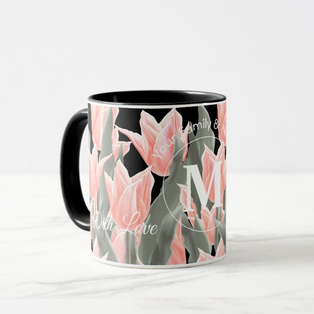 Elegant Family Name Monogram Peach Tulips Painting Mug (Front Left)