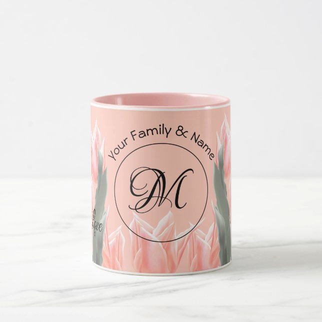 Elegant Family Name Monogram Peach Tulips Painting Mug (Center)