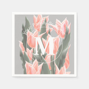 Elegant Family Name Monogram Peach Tulips Painting Napkin