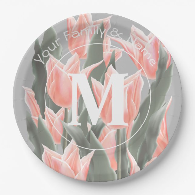 Elegant Family Name Monogram Peach Tulips Painting Paper Plate (Front)