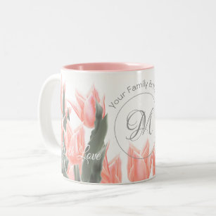Elegant Family Name Monogram Peach Tulips Painting Two-Tone Coffee Mug