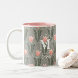 Elegant Family Name Monogram Peach Tulips Painting Two-Tone Coffee Mug