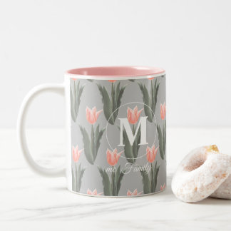 Elegant Family Name Monogram Peach Tulips Painting Two-Tone Coffee Mug