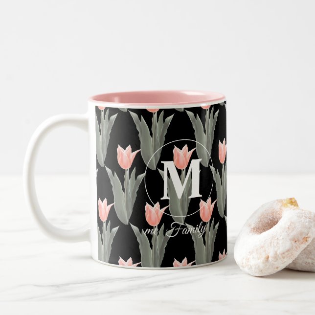 Elegant Family Name Monogram Peach Tulips Painting Two-Tone Coffee Mug (With Donut)