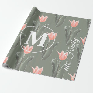 Elegant Family Name Monogram Peach Tulips Painting Wrapping Paper