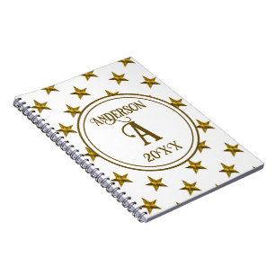 Elegant Family Name Monogram White Gold Stars Notebook