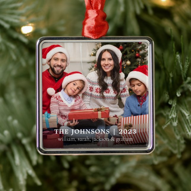 Elegant Family Name Photo Christmas Metal Ornament (Tree)