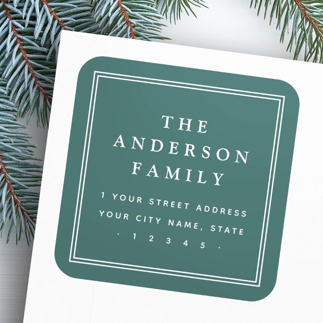 Elegant family name pine green return address square sticker (Elegant family name pine green return address square sticker)