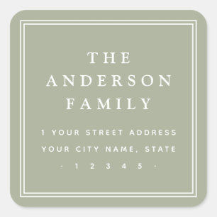 Elegant family name sage green return address square sticker
