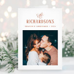 Elegant Family Photo and Name | Season's Greetings Holiday Card<br><div class="desc">This simple and minimalist, elegant earth tones terracotta and white folded holiday card features your personal photo on the front, and an additional photo on the inside, for a total of two of your favorite family photos. Classic calligraphy along with modern text for your family name add a stylish touch...</div>