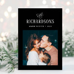 Elegant Family Photo and Name | Warm Wishes Holiday Card<br><div class="desc">This simple and minimalist, elegant dark black and white folded holiday card features your personal photo on the front, and an additional photo on the inside, for a total of two of your favorite family photos. Classic calligraphy along with modern text for your family name add a stylish touch and...</div>