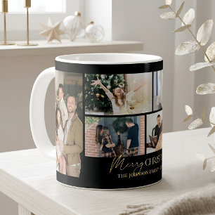 Elegant Family Photo Black Gold Merry Christmas Coffee Mug