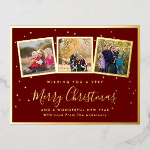 Elegant Family Photo Collage Merry Christmas Red Foil Holiday Postcard