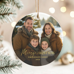 Elegant Family Photo Gold Typography Christmas Ceramic Ornament