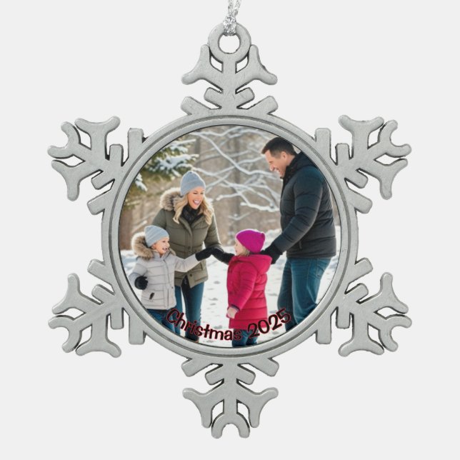 Elegant Family Photo Holiday Personalise Snowflake Pewter Christmas Ornament (Front)