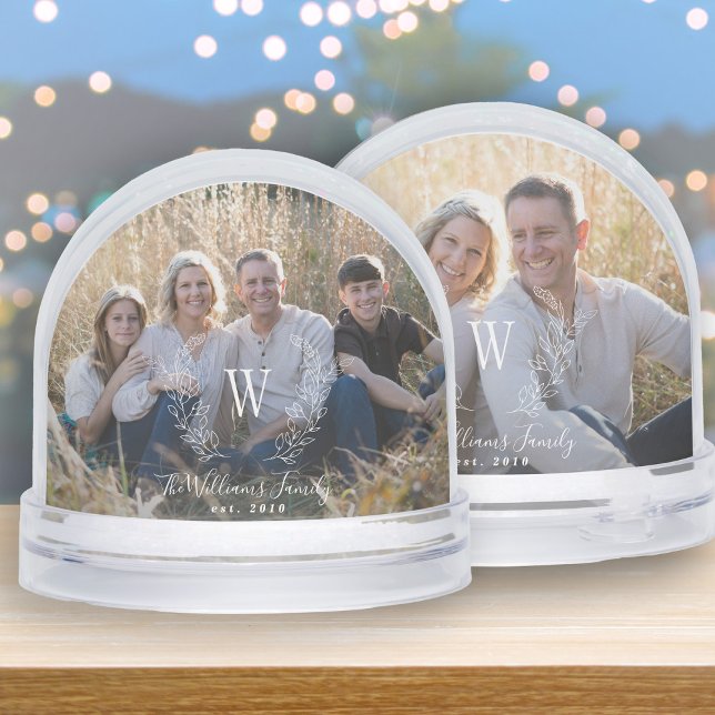 Elegant family photo monogram name personalised snowglobe (Creator Uploaded)
