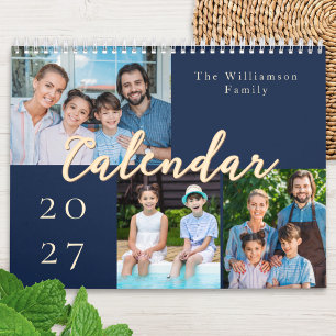 Elegant Family Photo Navy Blue Personalised Wall Calendar