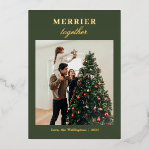 Elegant Family Photo Script Merry Christmas Gold Foil Holiday Card