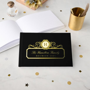 Elegant Family Reunion Gold Foil Monogram Black Guest Book
