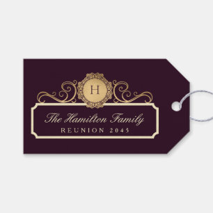 Elegant Family Reunion Gold Monogram Burgundy Gift Tags