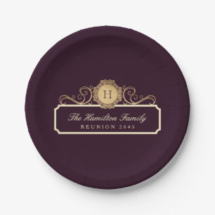 Elegant Family Reunion Gold Monogram Burgundy Paper Plate