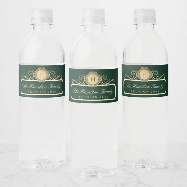 Elegant Family Reunion Gold Monogram Green Water Bottle Label (Bottles)