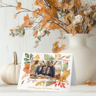 Elegant Family Thanksgiving Photo Fall Leaves Holiday Card