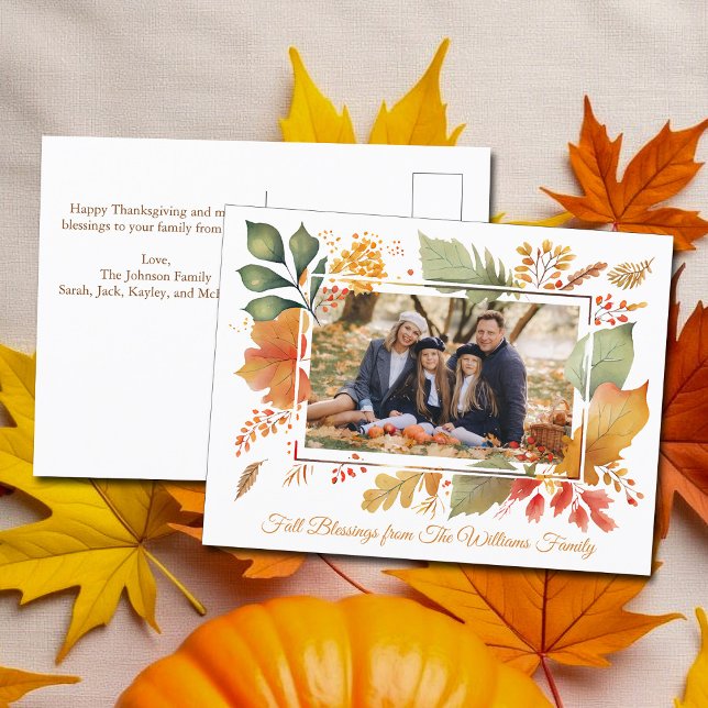Elegant Family Thanksgiving Photo Fall Leaves Postcard (Creator Uploaded)