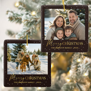 Elegant Family Two Photo Double Sided Christmas Ceramic Ornament